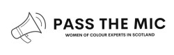 Pass the mic logo black on white with an illustration of a megaphone on the left