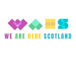 We are here Scotland logo with text in aqua yellow purple and blue