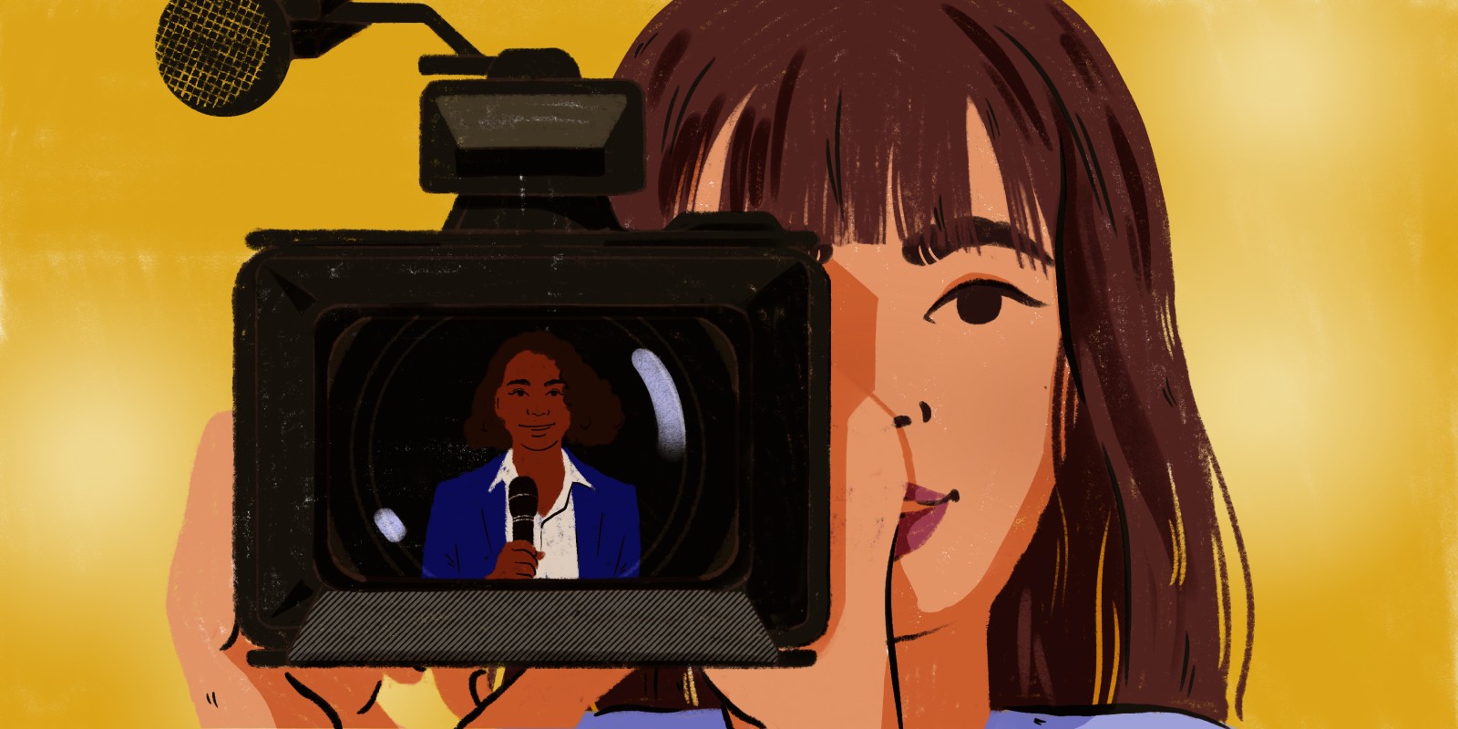 An illustration of a woman holding a camera to her face. In the lens we can see another women reflected