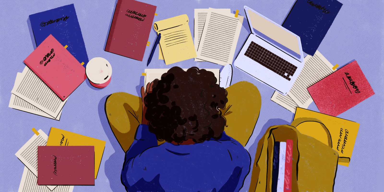 An illustration of a woman sitting on the floor surrounded by laptops and books