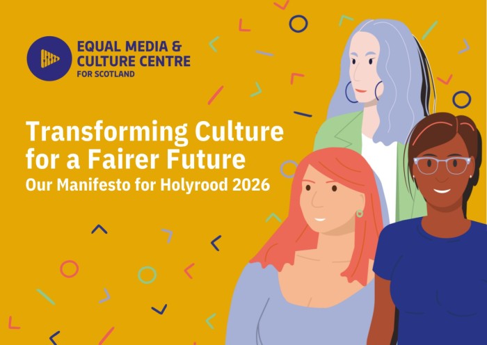 Transforming Culture for a Fairer Future Our Manifesto for Holyrood 2026 EMCC logo top left with graphic illustration of three diverse women on the right of the image
