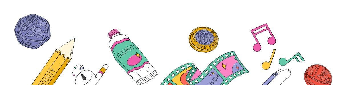 illustrated border of coins and art materials