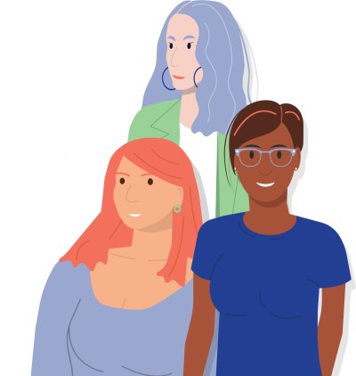 An illustration of three women, we can see their heads and torsos. The tallest woman has blue purple long hair and white skin, the woman front left has red hair and white skin and the woman front right has brown hair and is black. 