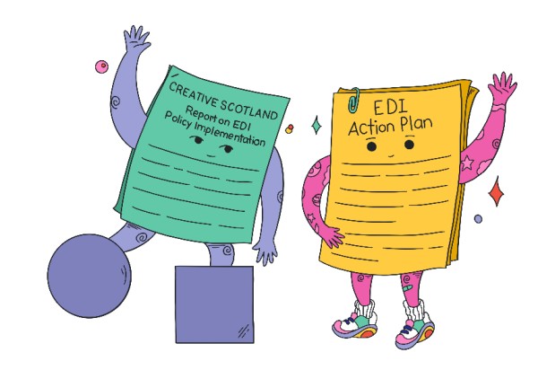 An illustration of a funding application and an EDI action plan with arms and legs waving at each other
