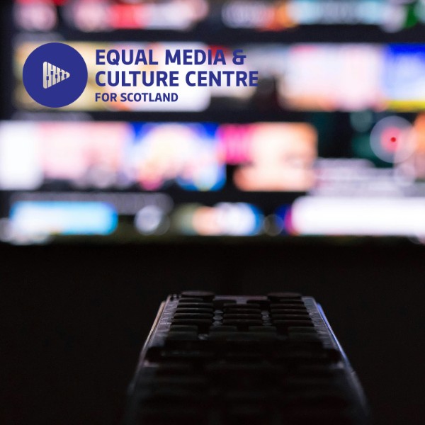 A blurry photograph of a television screen, in front centre is a remote control. The EMCC logo is top left in navy.