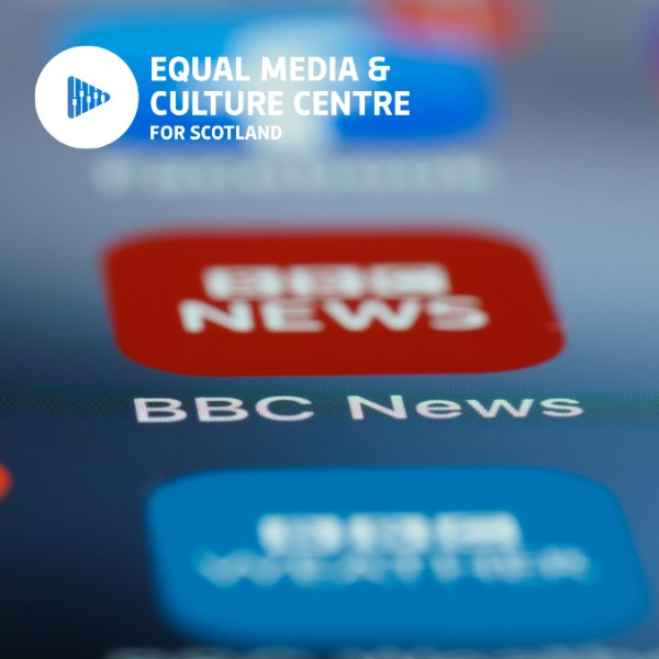 A photograph of a phone screen with news app icons on it. The BBC news app is visible in the photograph, others are blurred. The EMCC logo is top left in white.