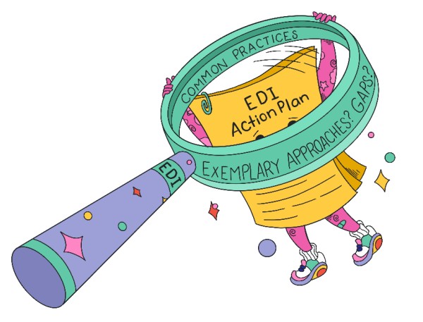 an illustration of a magnifying glass over an EDI Action Plan