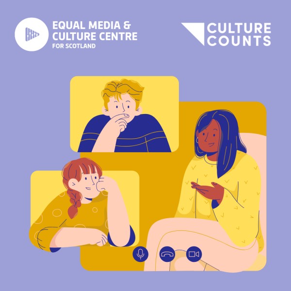 A lilac square with the EMCC logo top left and culture counts logo top right, in white. Below them is a graphic illustration of three people, a black woman, white man and white woman, having a meeting online.