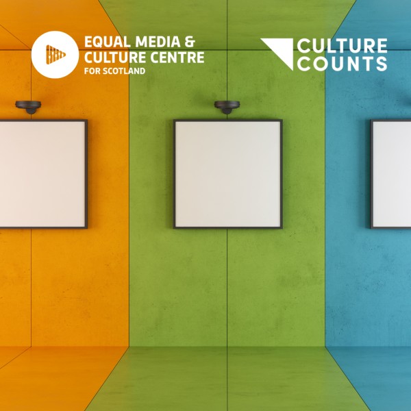 EMCC logo top left, Culture Counts logo top right. A photograph of an empty art gallery. 3 canvases on the wall are blank, surrounded by colourful stripes in yellow, green and blue