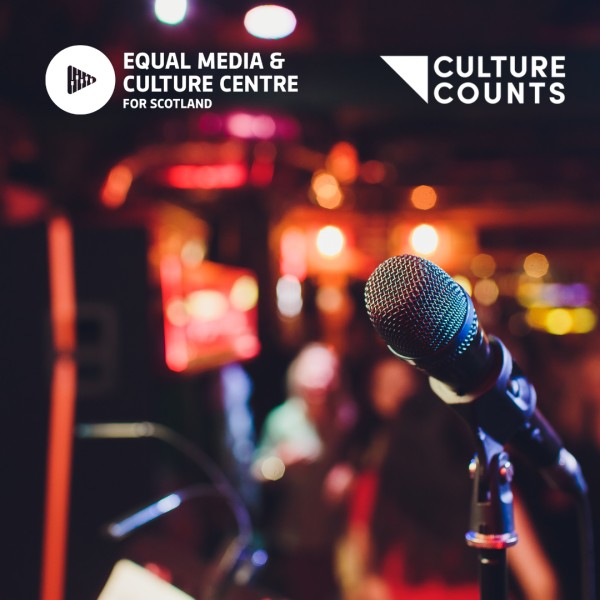 A photograph of a microphone with blurry lights behind it, on a stage. EMCC logo top left, culture counts logo top right