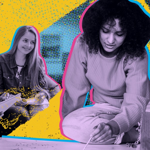 A collage of black and white photographs on a colourful yellow background. The photographs show a blonde white woman smiling and a black woman with dark hair painting. They both have a lilac colour superimposed on top of the photographs.